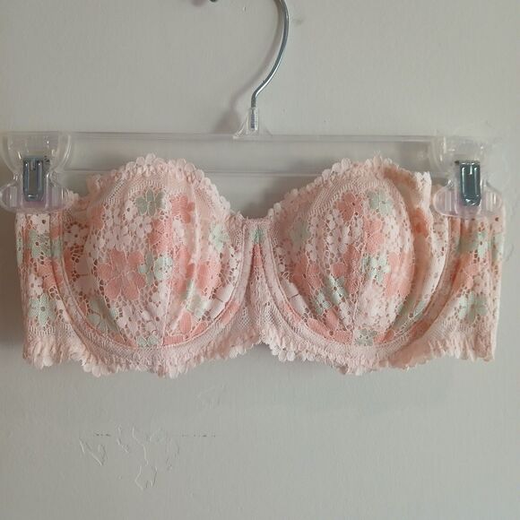 Miss Curiosity Strapless Bra 32B Peach Floral Lace Underwire *Missing Straps - Picture 1 of 7